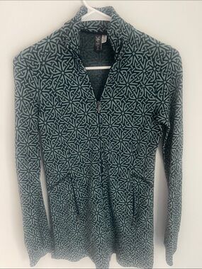 Ibex Women's 💯% Merino Wool Geometric full Zip-Front Sweater Jacket - Teal/Black